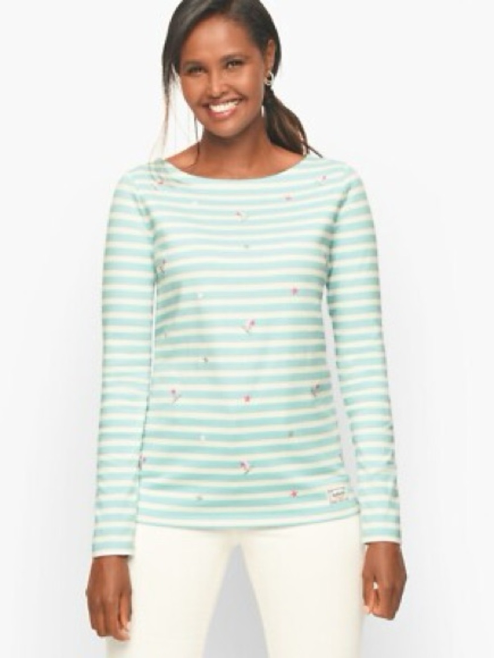 TALBOTS Striped Mint Long-Sleeve Crewneck Iceskating Embroidery Top NWT $74